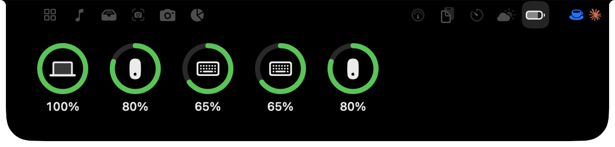 Uma captura real do painel Aparelhos do Isle, com anéis de bateria do Mac, do mouse, dos teclados e dos AirPods.