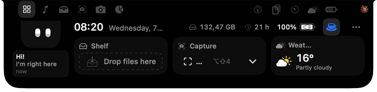 Isle, a MacBook notch app, with its hub open: Islet, the clock, the Shelf, Capture and the weather.