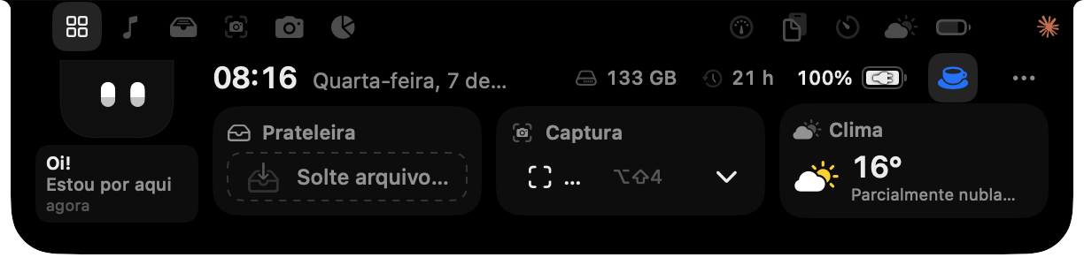 Uma captura real do hub do Isle aberto no notch: a Ilhinha, o relógio, a Prateleira, a Captura e o clima.