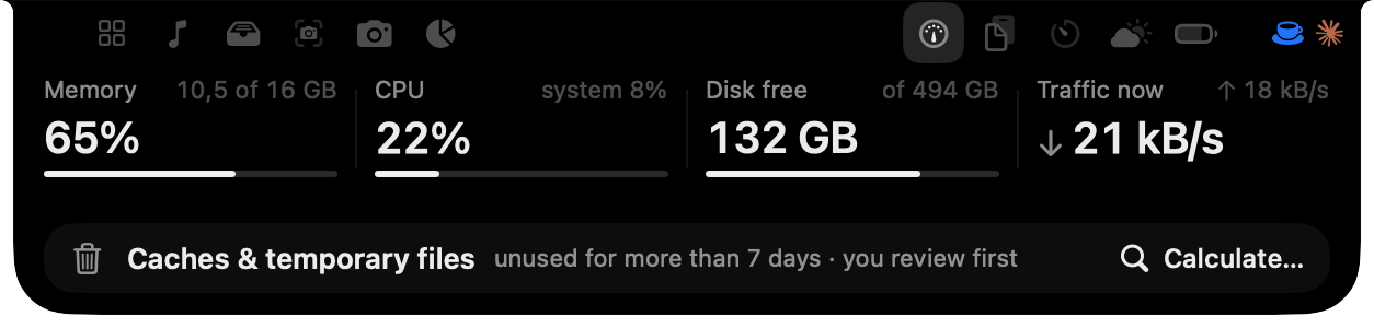 Isle’s System panel in the notch: memory, CPU, free disk and network traffic.