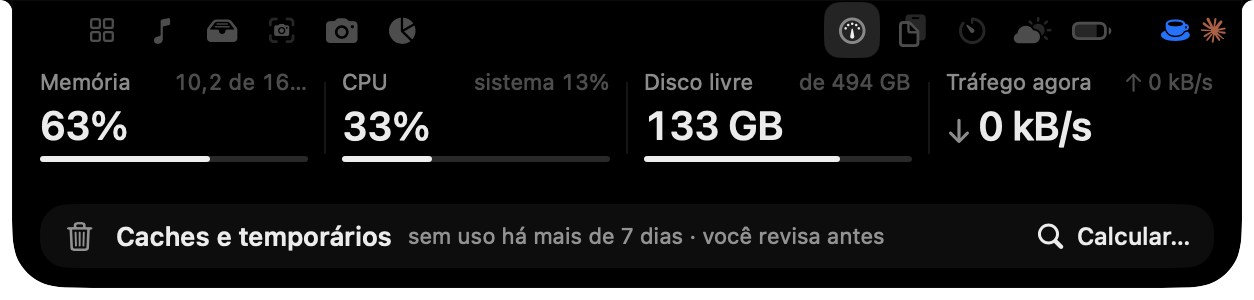 Uma captura real do painel Sistema do Isle: memória, CPU, disco livre e tráfego de rede.